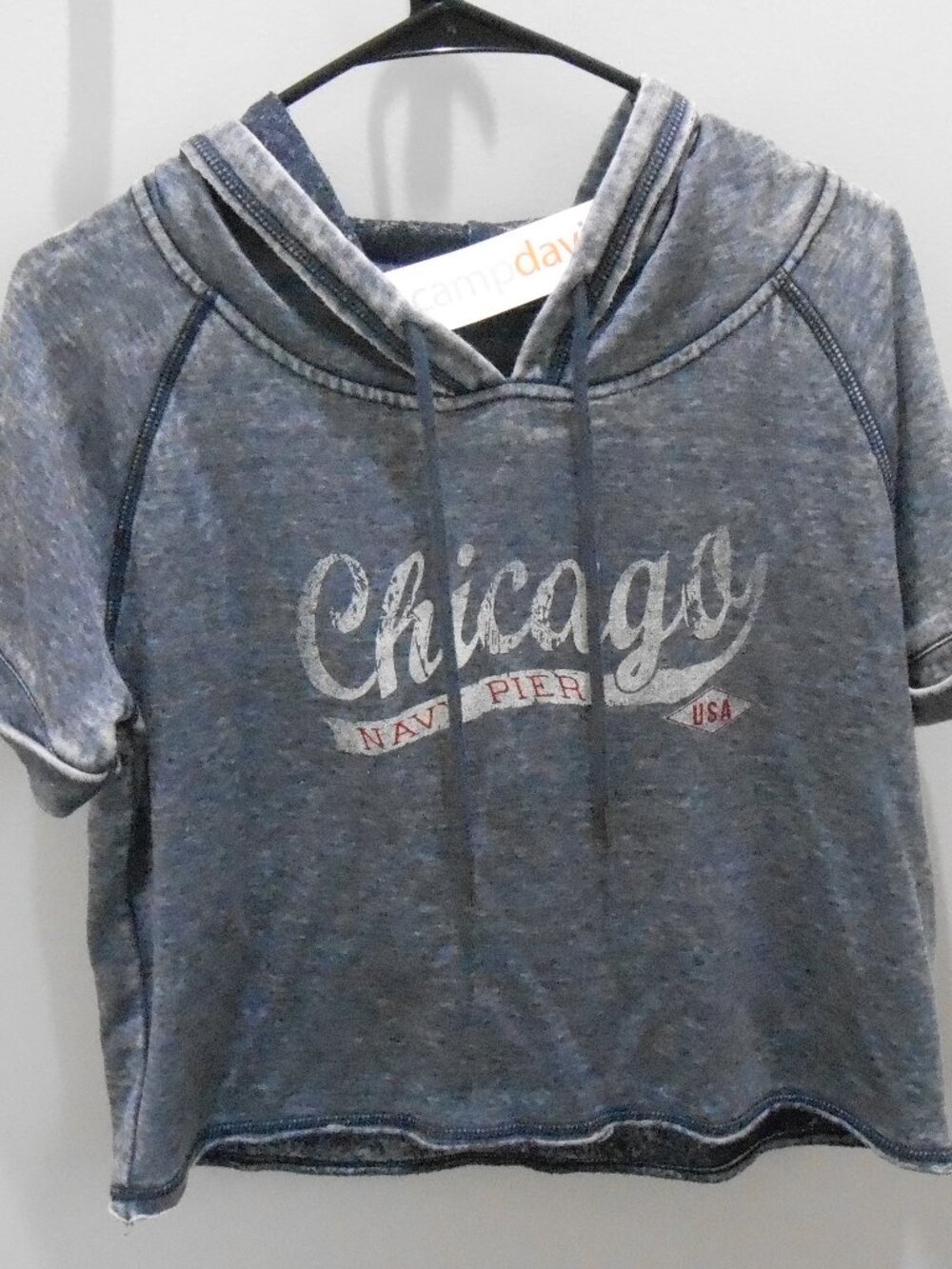 Chicago Navy Pier Heather Gray Short Sleeve Cropped Hoodie Sweatshirt Size-M-NWT